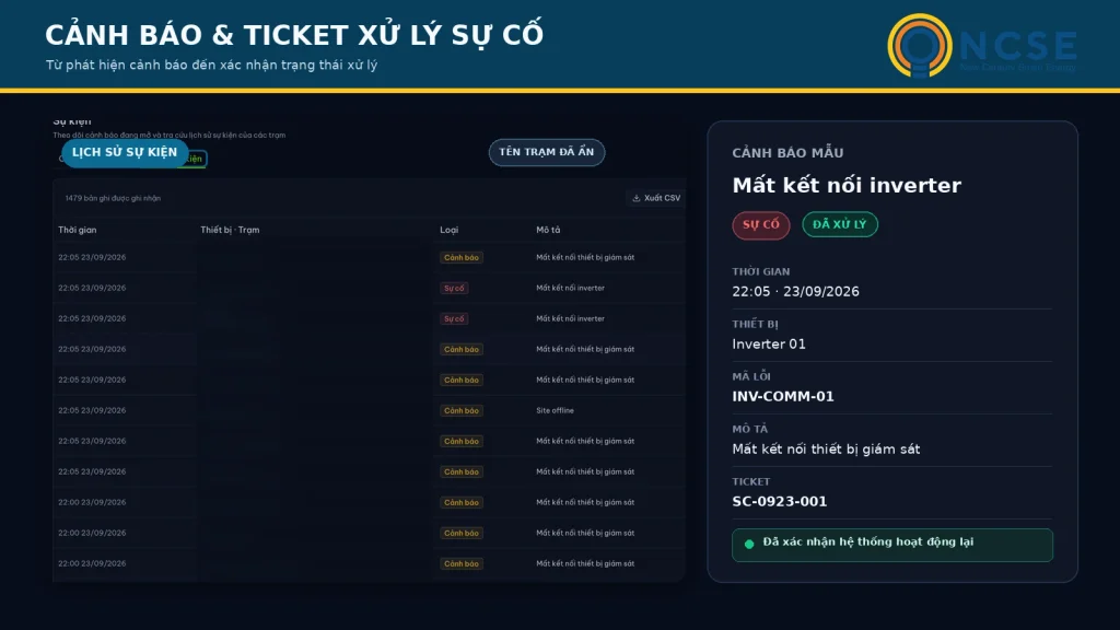 Giám sát điện mặt trời từ xa và phát hiện bất thường 2 Cảnh báo và ticket xử lý lỗi hệ thống điện mặt trời.